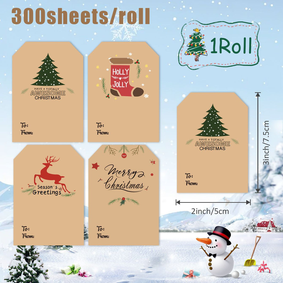 2 Rolls of 300 Pack Christmas Gift Tag Stickers - 4 Festive Designs Kraft Paper Self Adhesive Labels, Christmas Present Seals with To & From Writing Area