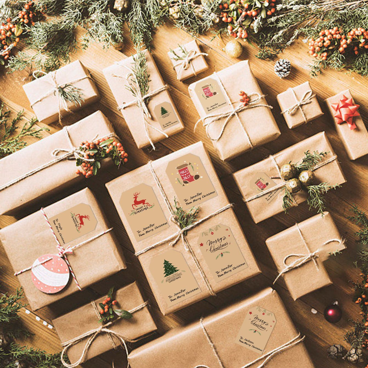 2 Rolls of 300 Pack Christmas Gift Tag Stickers - 4 Festive Designs Kraft Paper Self Adhesive Labels, Christmas Present Seals with To & From Writing Area