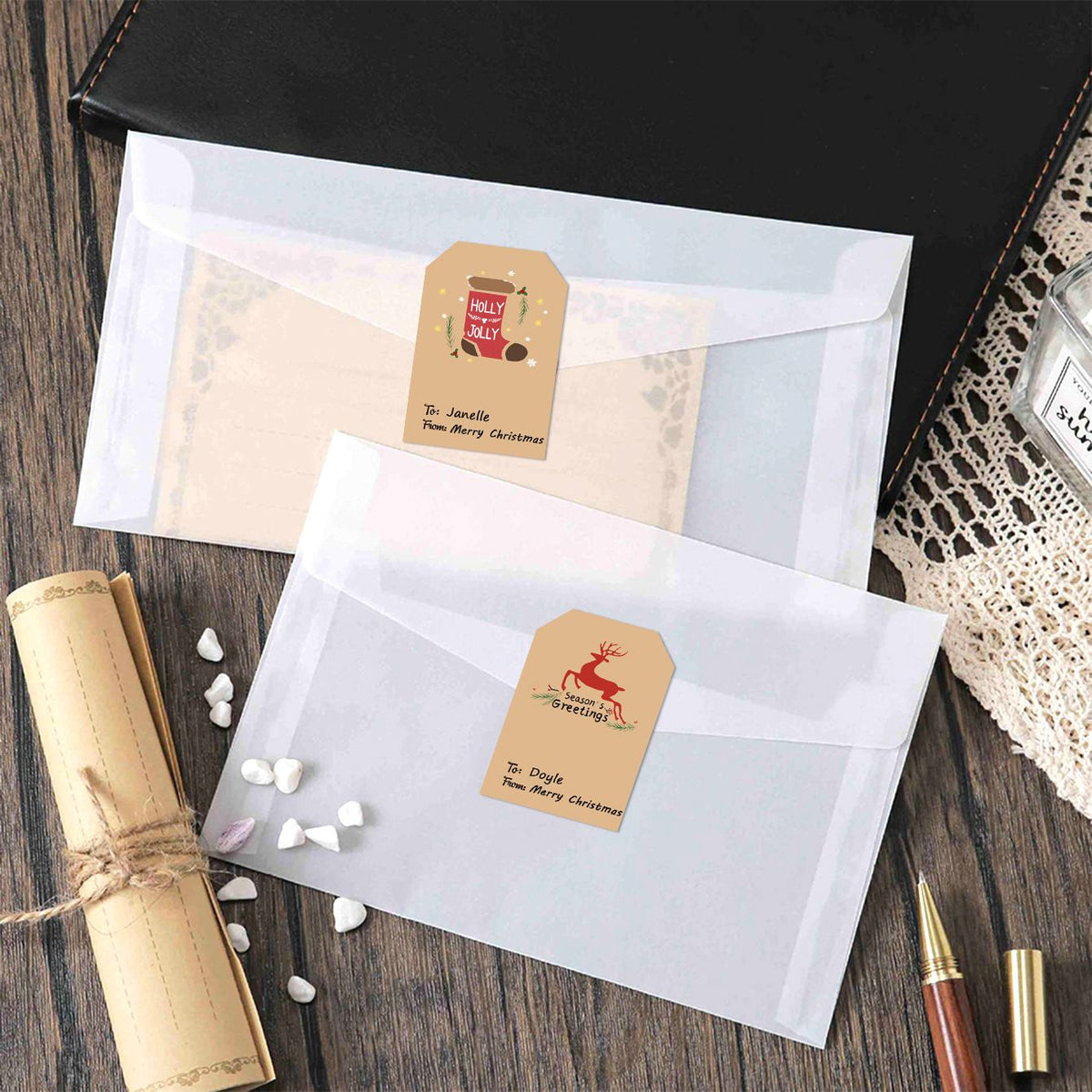 2 Rolls of 300 Pack Christmas Gift Tag Stickers - 4 Festive Designs Kraft Paper Self Adhesive Labels, Christmas Present Seals with To & From Writing Area