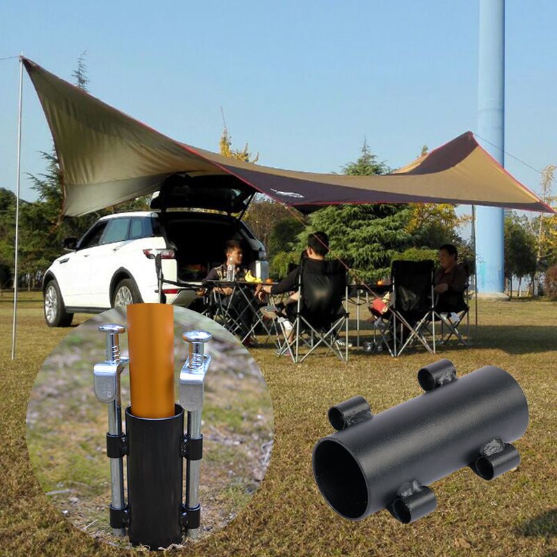 2 Pack Awning Pole Holder with 4 Ground Stakes Loops - Durable Iron Ground Support Brackets for Tent Poles up to 3.3cm Diameter, Outdoor Camping Canopy and Tarp Fixed Accessories