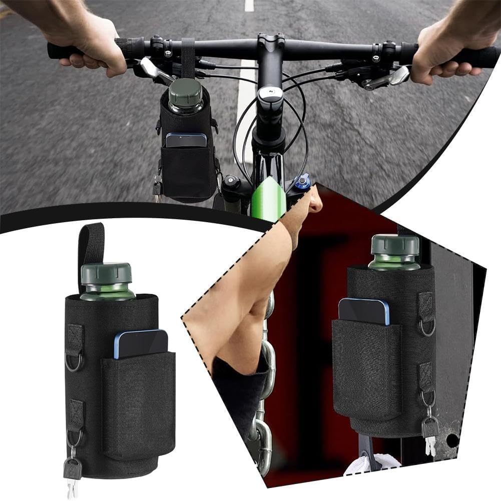 Black Magnetic Hands Free Water Bottle Holder Bag with Phone Pocket, Towel Clip & Shoulder Strap - 18/32/40oz Waterproof Oxford Cloth Bottle Carrier for Gym Cycling and Outdoor Sports