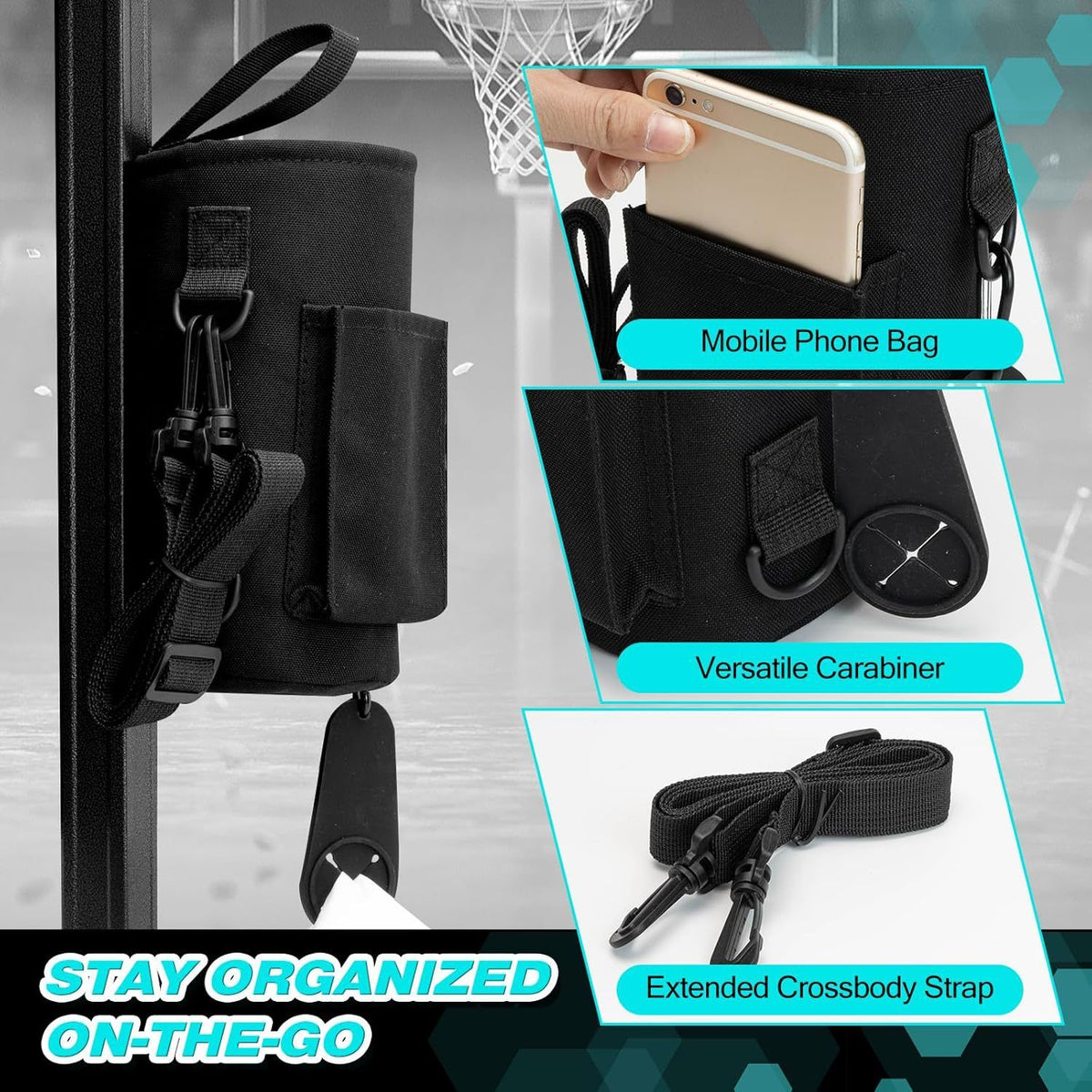Black Magnetic Hands Free Water Bottle Holder Bag with Phone Pocket, Towel Clip & Shoulder Strap - 18/32/40oz Waterproof Oxford Cloth Bottle Carrier for Gym Cycling and Outdoor Sports