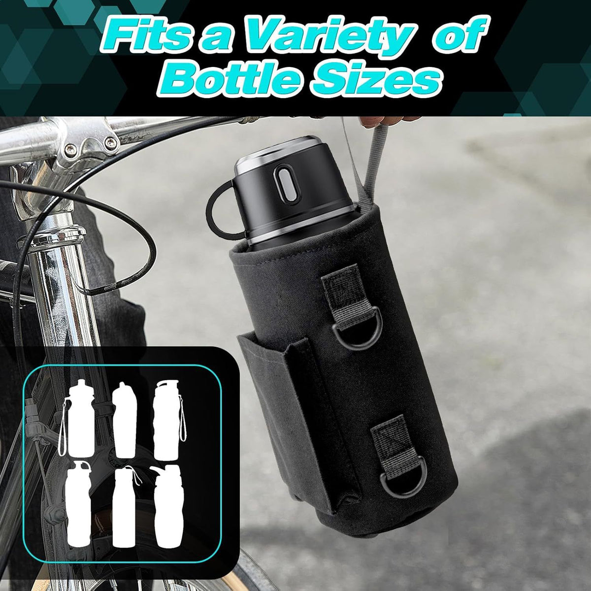 Black Magnetic Hands Free Water Bottle Holder Bag with Phone Pocket, Towel Clip & Shoulder Strap - 18/32/40oz Waterproof Oxford Cloth Bottle Carrier for Gym Cycling and Outdoor Sports