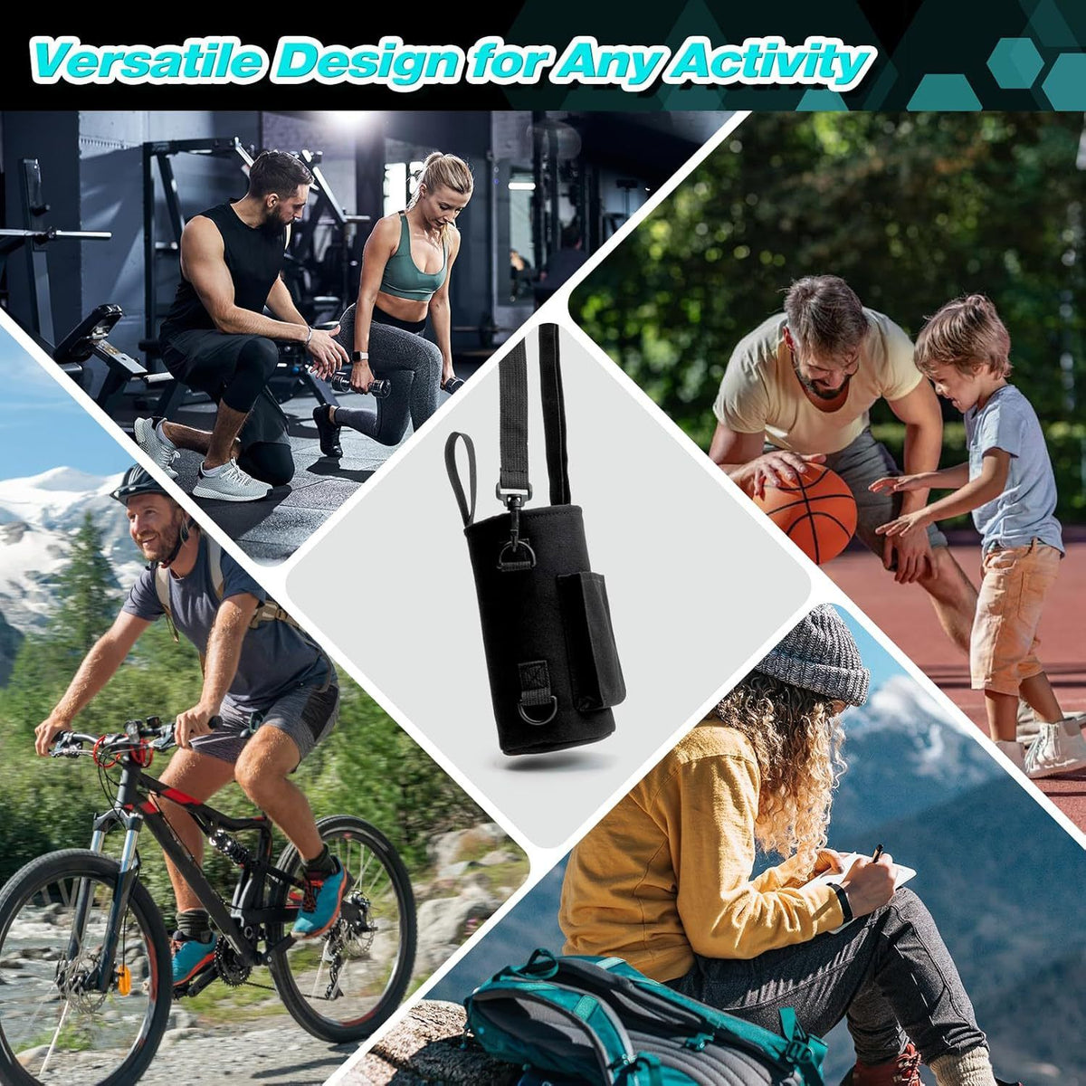 Black Magnetic Hands Free Water Bottle Holder Bag with Phone Pocket, Towel Clip & Shoulder Strap - 18/32/40oz Waterproof Oxford Cloth Bottle Carrier for Gym Cycling and Outdoor Sports