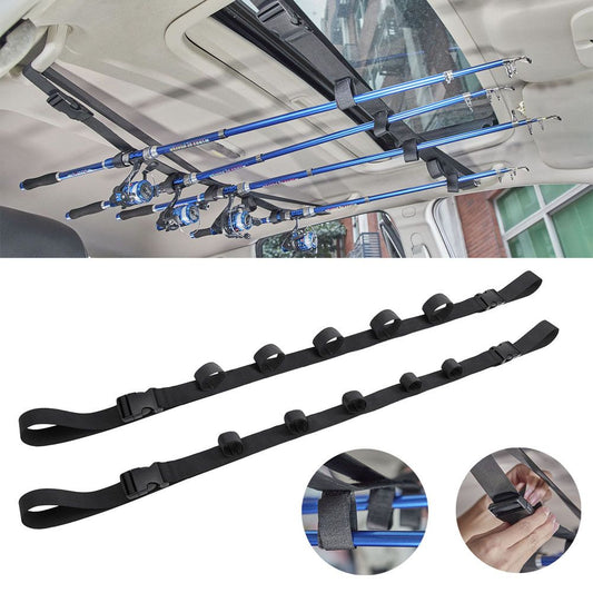 1 Pair Black Adjustable Car Fishing Rod Holder (31 to 61") - Nylon Vehicle Roof Strap Rack for Up to 5 Rod & Reel Combos, No Drill Interior Fishing Rod Storage for Cars SUVs and Vans