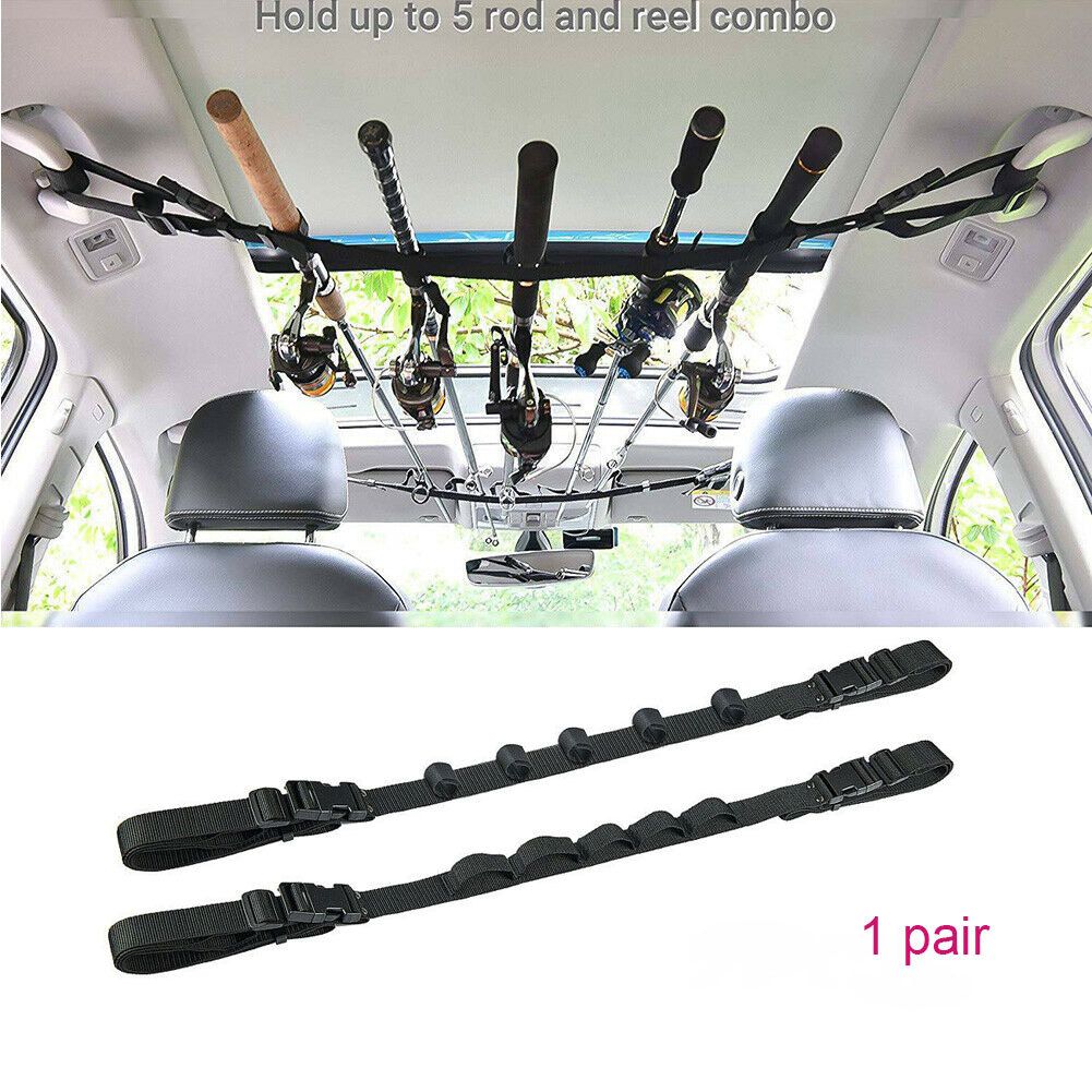 1 Pair Black Adjustable Car Fishing Rod Holder (31 to 61") - Nylon Vehicle Roof Strap Rack for Up to 5 Rod & Reel Combos, No Drill Interior Fishing Rod Storage for Cars SUVs and Vans