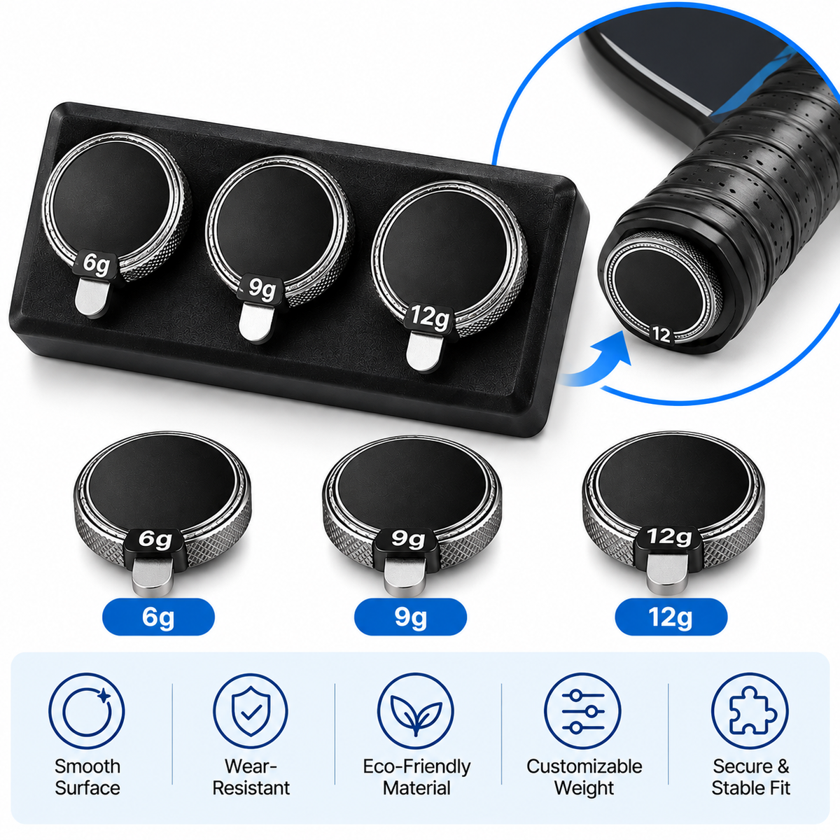 3 Piece Pickleball Paddle Handle Balance Weights Set - 6 / 9 / 12g Self-Adhesive Stainless Steel End Cap Weights Dia 28mm for Custom Paddle Setup