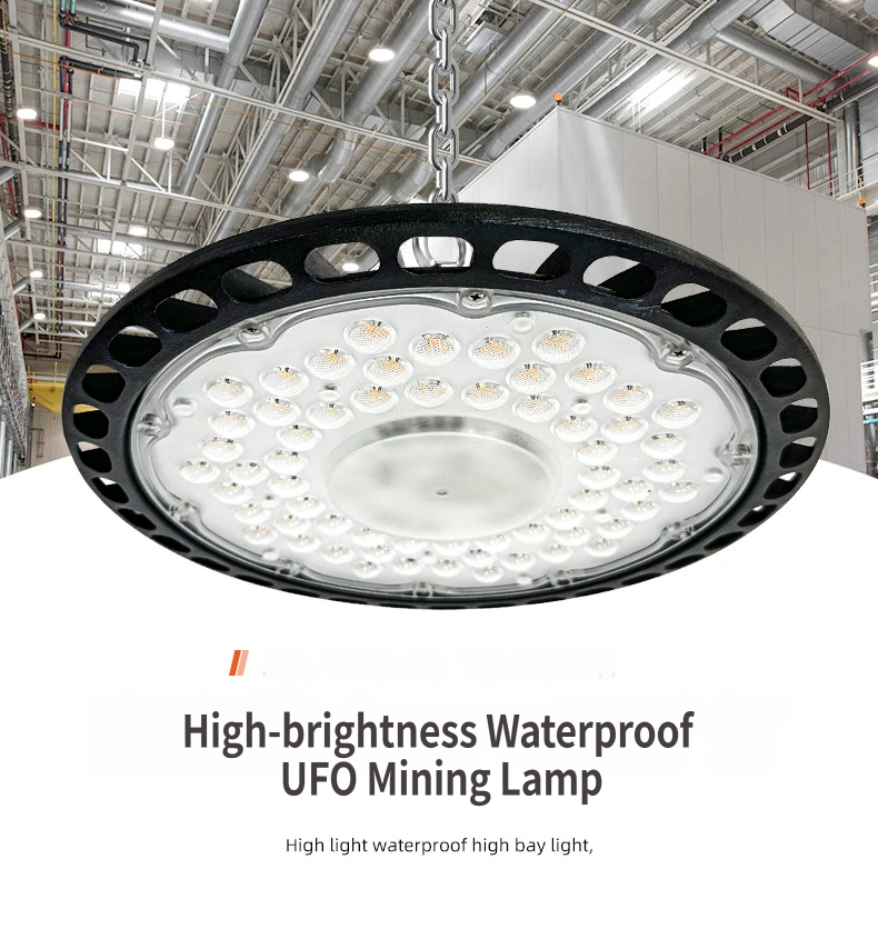 UFO LED High Bay Light 150W - Waterproof Industrial Warehouse Workshop Lighting with 50cm Hanging Chain, High Transparency Lamp Shade and Die-Cast Aluminium Housing