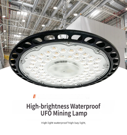 UFO LED High Bay Light 150W - Waterproof Industrial Warehouse Workshop Lighting with 50cm Hanging Chain, High Transparency Lamp Shade and Die-Cast Aluminium Housing