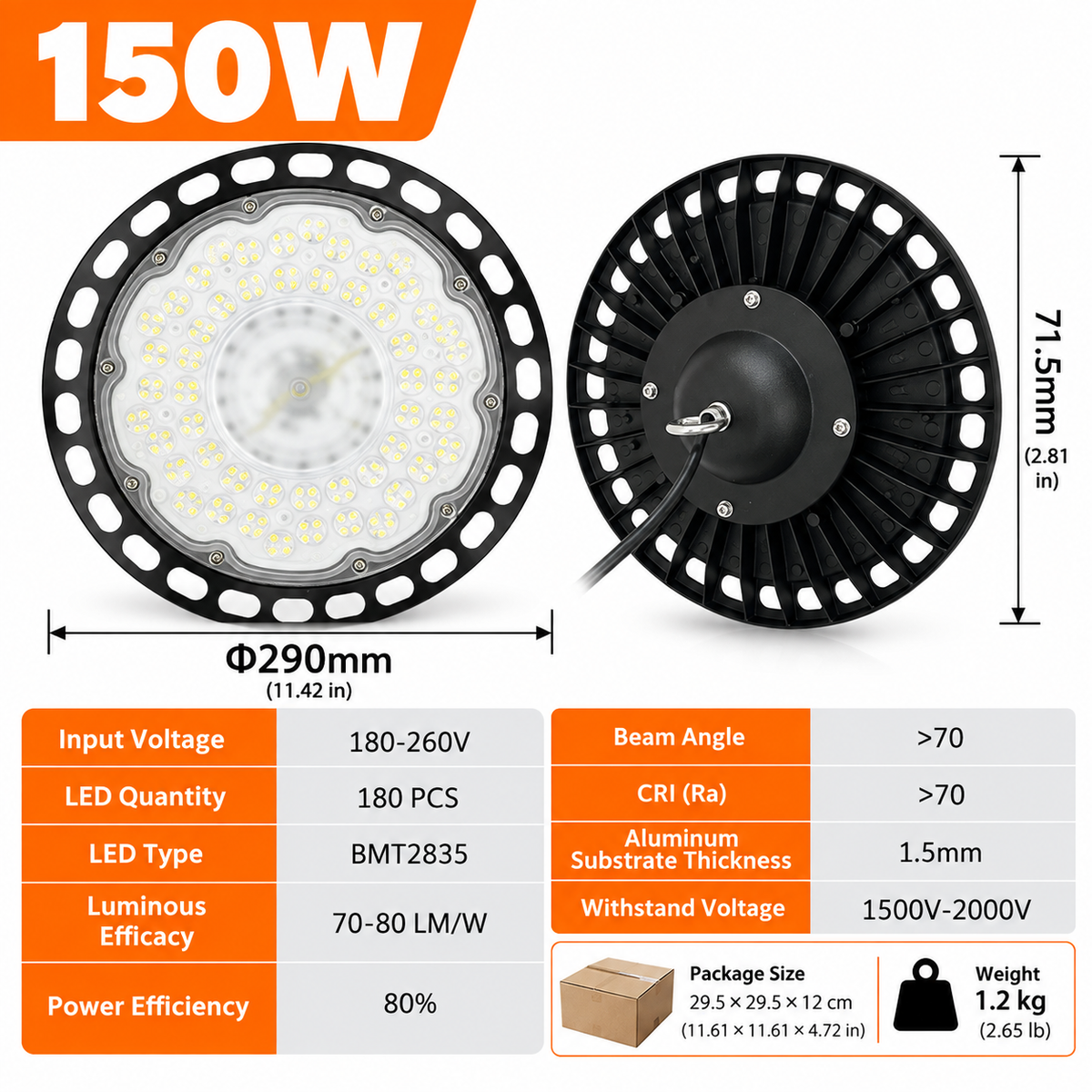 UFO LED High Bay Light 150W - Waterproof Industrial Warehouse Workshop Lighting with 50cm Hanging Chain, High Transparency Lamp Shade and Die-Cast Aluminium Housing