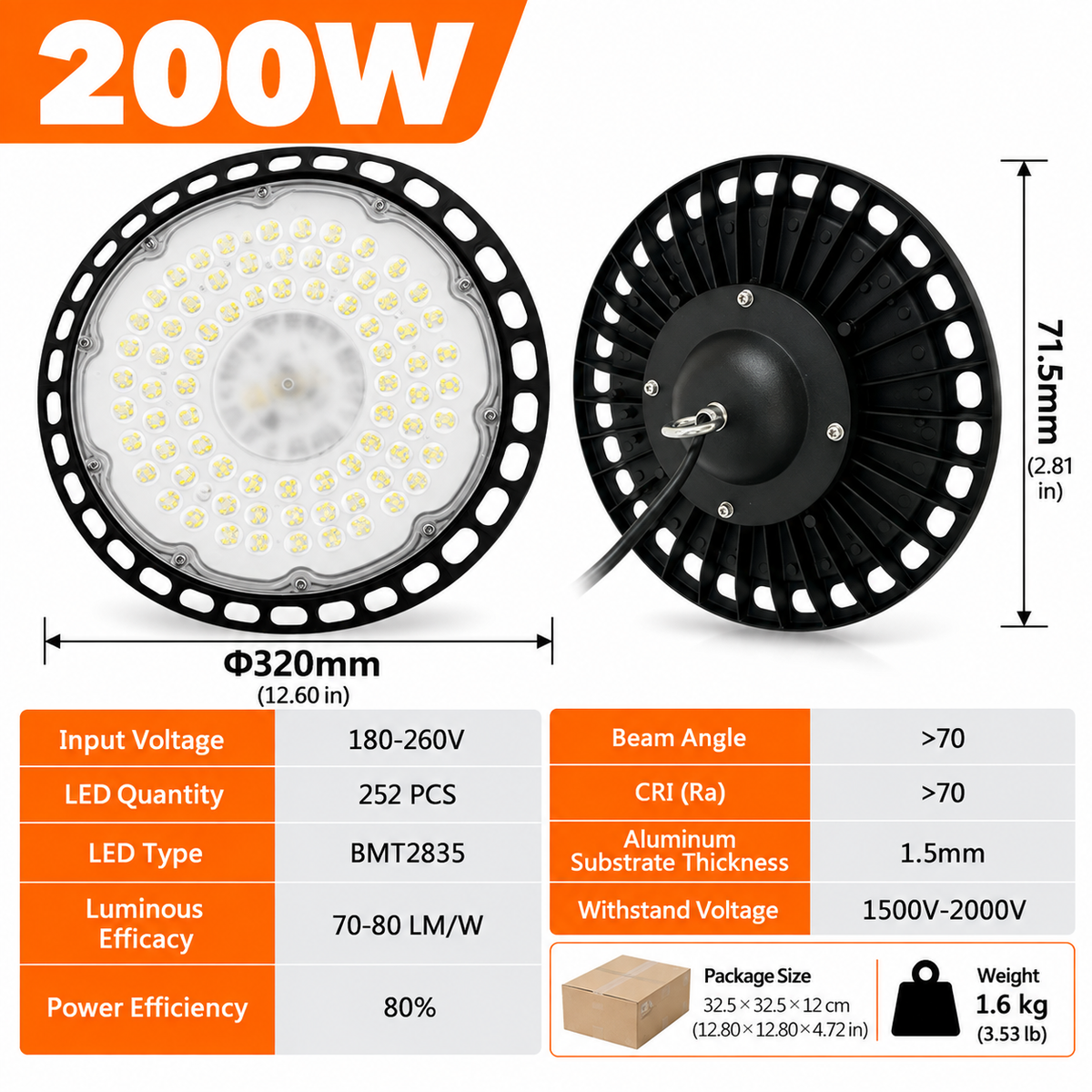 UFO LED High Bay Light 200W - Waterproof Industrial Warehouse Workshop Lighting with 50cm Hanging Chain, High Transparency Lamp Shade and Die-Cast Aluminium Housing