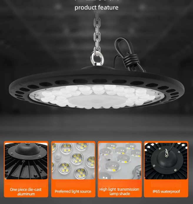 UFO LED High Bay Light 200W - Waterproof Industrial Warehouse Workshop Lighting with 50cm Hanging Chain, High Transparency Lamp Shade and Die-Cast Aluminium Housing