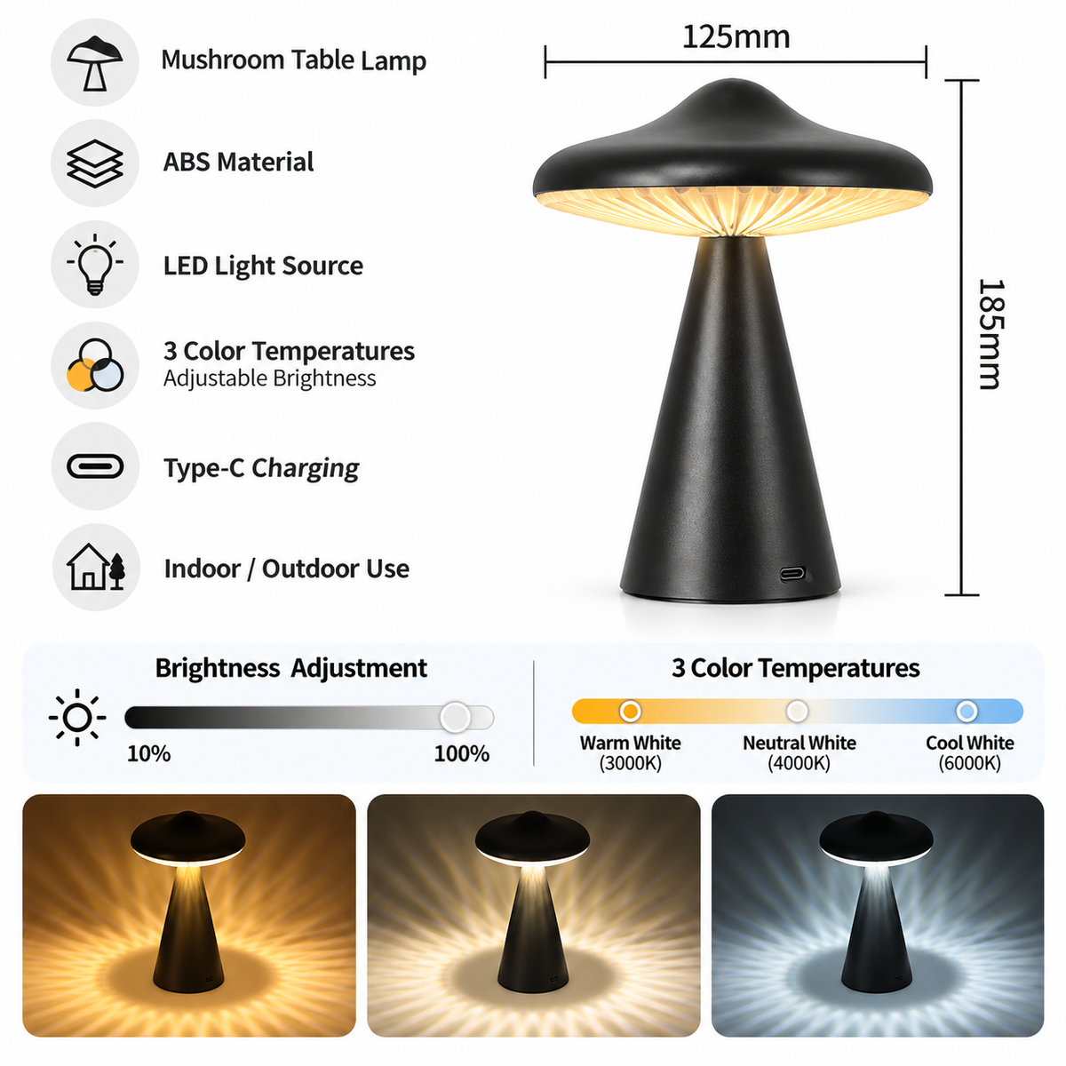 Black Retro Mushroom Touch Control Table Lamp - TypeC Rechargeable UFO Style LED Bedside Light with Stepless Dimming & 3 Colour Temperatures for Bedroom and Desk