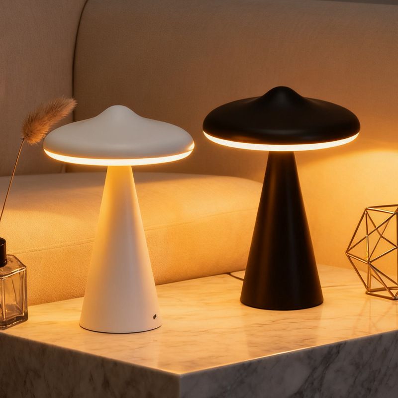 Black Retro Mushroom Touch Control Table Lamp - TypeC Rechargeable UFO Style LED Bedside Light with Stepless Dimming & 3 Colour Temperatures for Bedroom and Desk