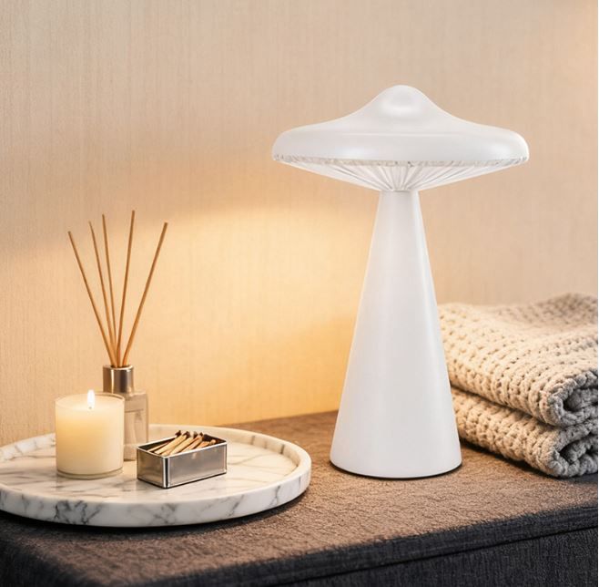 Black Retro Mushroom Touch Control Table Lamp - TypeC Rechargeable UFO Style LED Bedside Light with Stepless Dimming & 3 Colour Temperatures for Bedroom and Desk