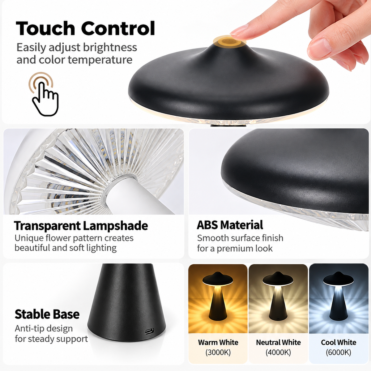 White Retro Mushroom Touch Control Table Lamp - TypeC Rechargeable UFO Style LED Bedside Light with Stepless Dimming & 3 Colour Temperatures for Bedroom and Desk