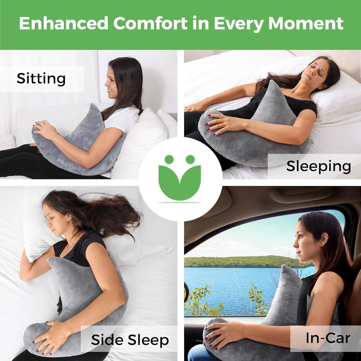 Grey W-Shaped Shoulder Support Double Zipper Pillow - 23.5 x 14 x 6" Soft Arm Support Cushion with Removable Cover for Side Sleeping, In Car, Sitting and Discomfort Easing