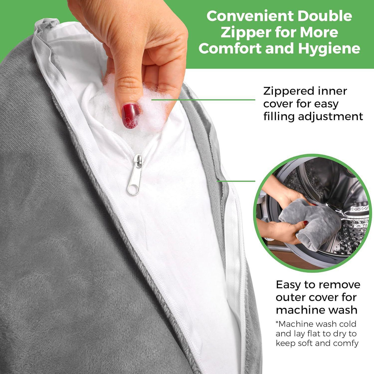 Grey W-Shaped Shoulder Support Double Zipper Pillow - 23.5 x 14 x 6" Soft Arm Support Cushion with Removable Cover for Side Sleeping, In Car, Sitting and Discomfort Easing