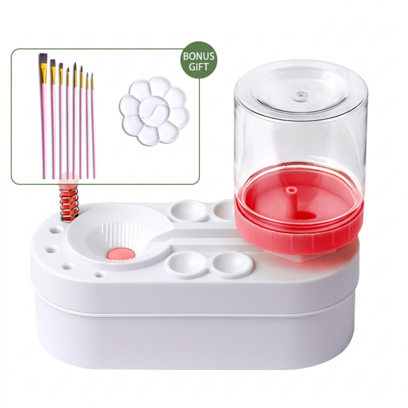 Pink Automatic Water-Colour Paintbrush Cleaner Set - Green 2-in-1 Station with Self-Cleaning Water Dispenser - Includes 8 Brushes & Flower Palette - Mess-Free Art Accessory