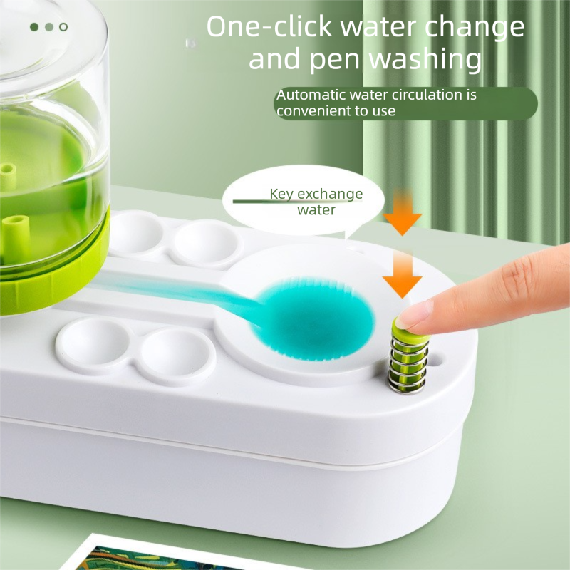 Pink Automatic Water-Colour Paintbrush Cleaner Set - Green 2-in-1 Station with Self-Cleaning Water Dispenser - Includes 8 Brushes & Flower Palette - Mess-Free Art Accessory