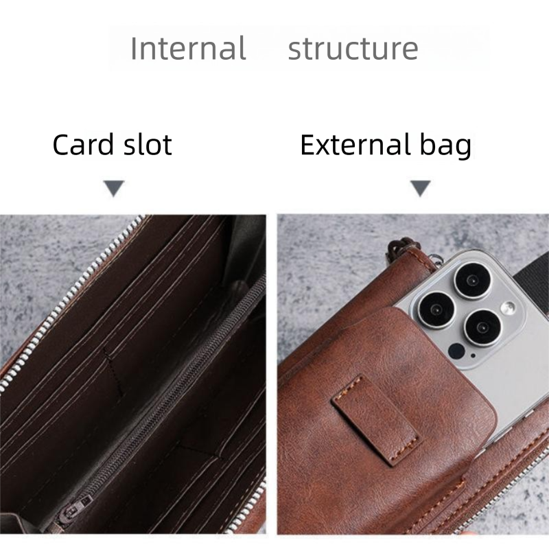 Red Brown Retro Leather 2-in-1 Men's Wallet & Phone  storage pouch - Multi-Card Zipper Clutch with Front Pocket - Vintage Business Pocket for Phone & Cards