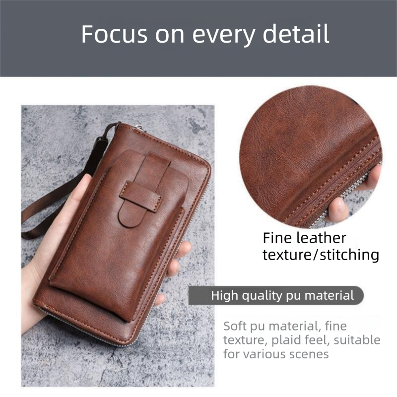 Red Brown Retro Leather 2-in-1 Men's Wallet & Phone  storage pouch - Multi-Card Zipper Clutch with Front Pocket - Vintage Business Pocket for Phone & Cards