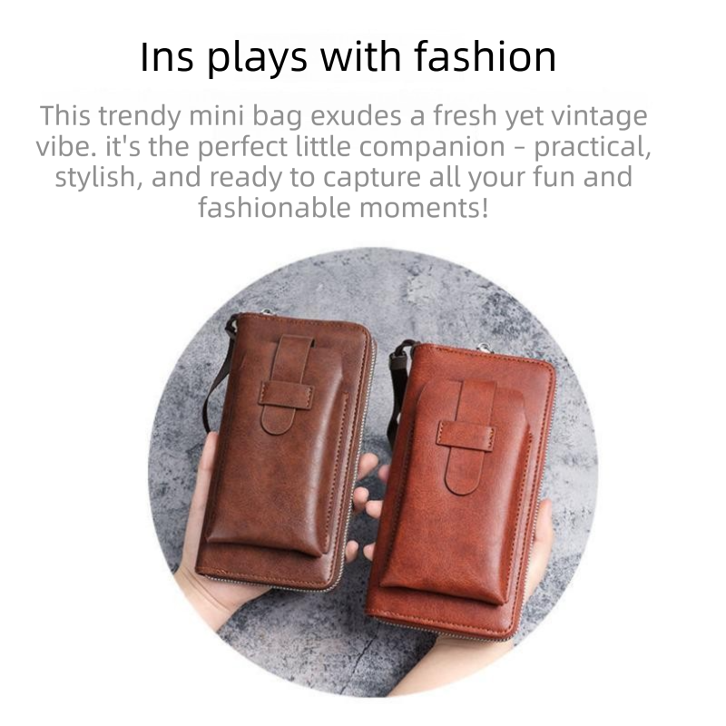 Red Brown Retro Leather 2-in-1 Men's Wallet & Phone  storage pouch - Multi-Card Zipper Clutch with Front Pocket - Vintage Business Pocket for Phone & Cards