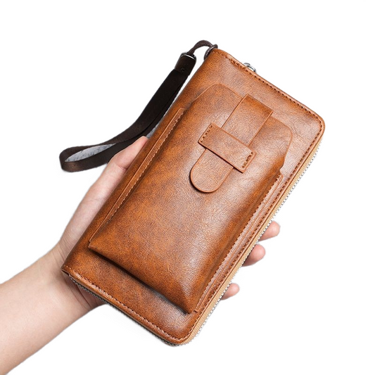 Yellow Brown Retro Leather 2-in-1 Men's Wallet & Phone  storage pouch - Multi-Card Zipper Clutch with Front Pocket - Vintage Business Pocket for Phone & Cards