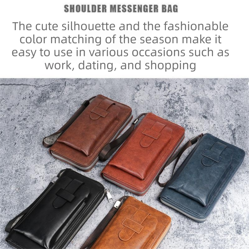 Yellow Brown Retro Leather 2-in-1 Men's Wallet & Phone  storage pouch - Multi-Card Zipper Clutch with Front Pocket - Vintage Business Pocket for Phone & Cards