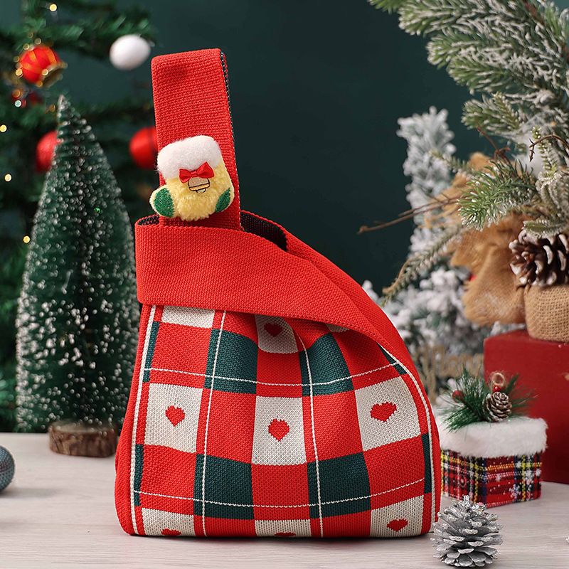Red Christmas Knitted Gift Bag - Festive Reusable Tote with Cute Sock shape Plush Charm - Holiday Party Favor & Apple Wrapper for Xmas Decor