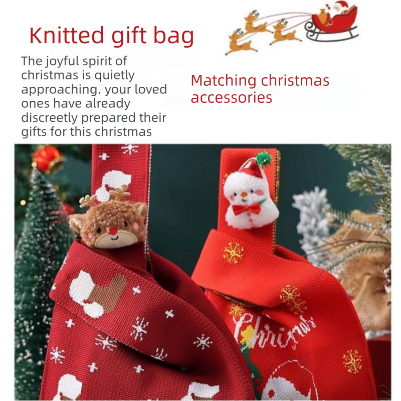 Red Christmas Knitted Gift Bag - Festive Reusable Tote with Cute Sock shape Plush Charm - Holiday Party Favor & Apple Wrapper for Xmas Decor