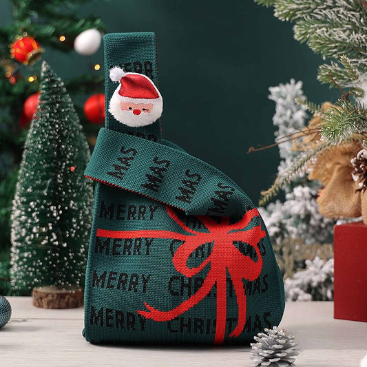 Green Christmas Knitted Gift Bag - Festive Reusable Tote with Cute Santa Claus shape Plush Charm - Holiday Party Favor & Apple Wrapper for Xmas Decor