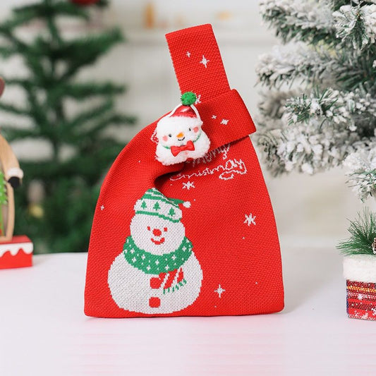Red Christmas Knitted Gift Bag - Festive Reusable Tote with Cute Snowman shape Plush Charm - Holiday Party Favor & Apple Wrapper for Xmas Decor