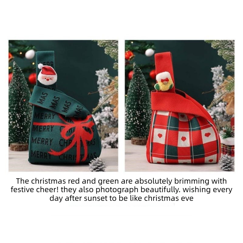 Beige Christmas Knitted Gift Bag - Festive Reusable Tote with Cute Christmas tree shape Plush Charm - Holiday Party Favor & Apple Wrapper for Xmas Decor