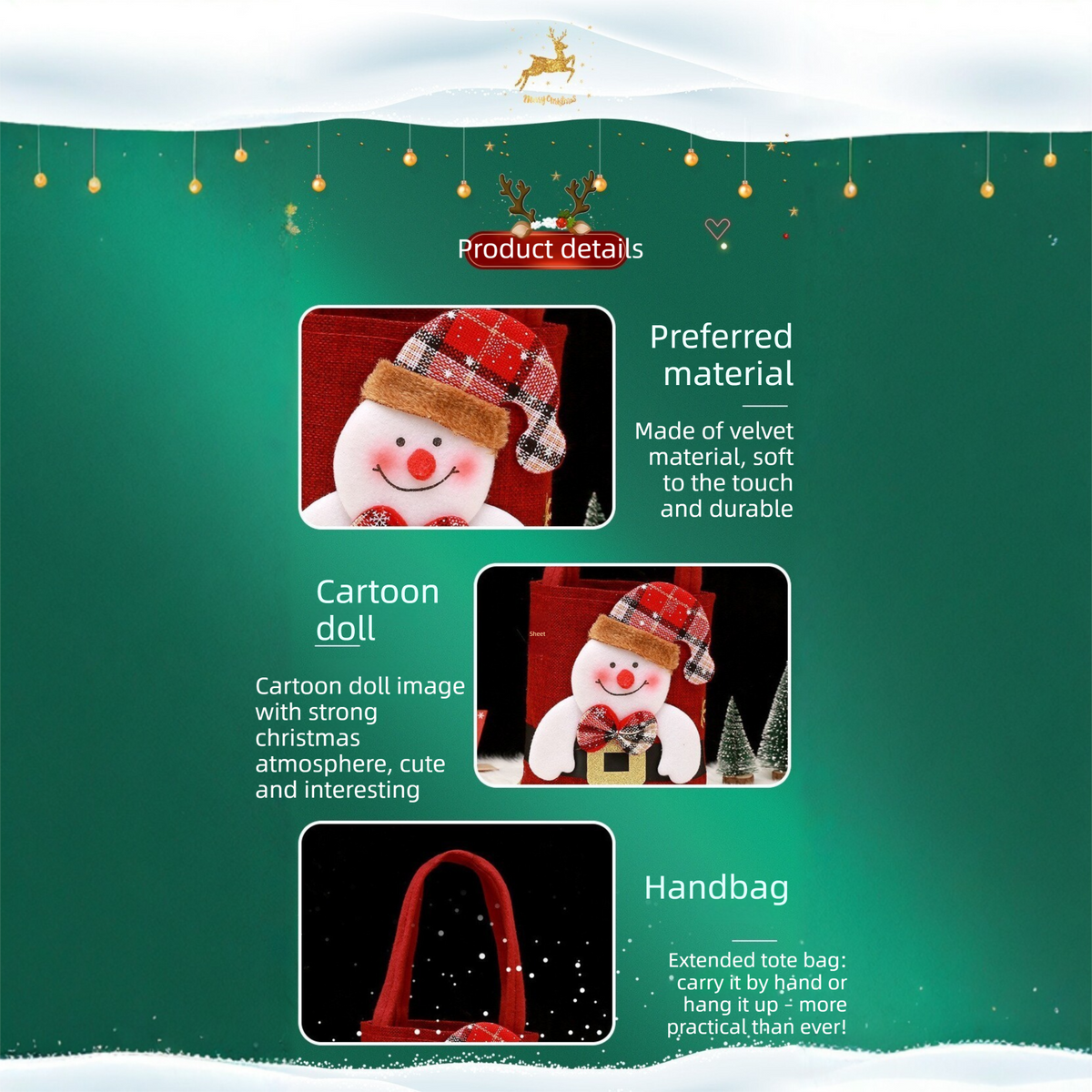Red Christmas Felt Gift Tote Bag with Cute 3D Doll - Santa Claus style Holiday Party Favor Bag for Xmas Treats & Decor