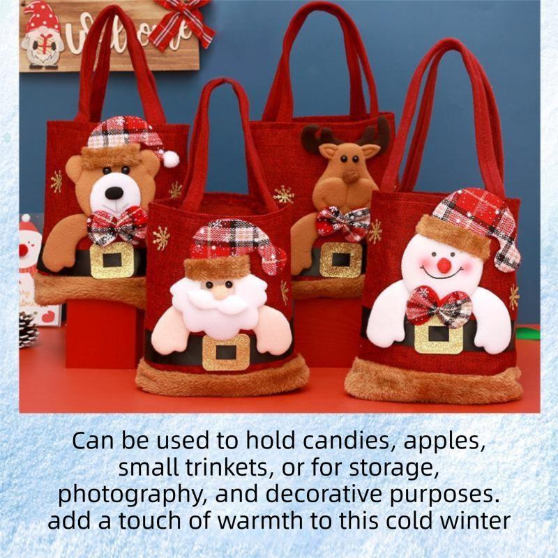 Red Christmas Felt Gift Tote Bag with Cute 3D Doll - Santa Claus style Holiday Party Favor Bag for Xmas Treats & Decor