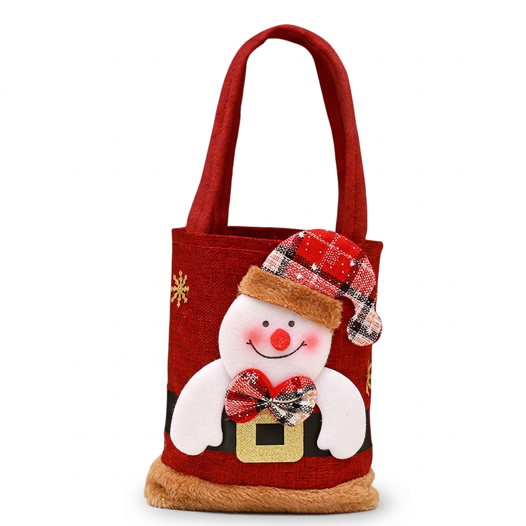 Red Christmas Felt Gift Tote Bag with Cute 3D Doll - Snowman style Holiday Party Favor Bag for Xmas Treats & Decor
