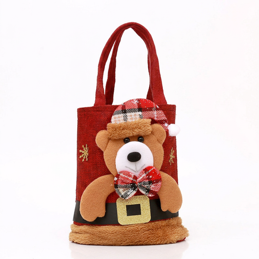 Red Christmas Felt Gift Tote Bag with Cute 3D Doll - Christmas bear style Holiday Party Favor Bag for Xmas Treats & Decor