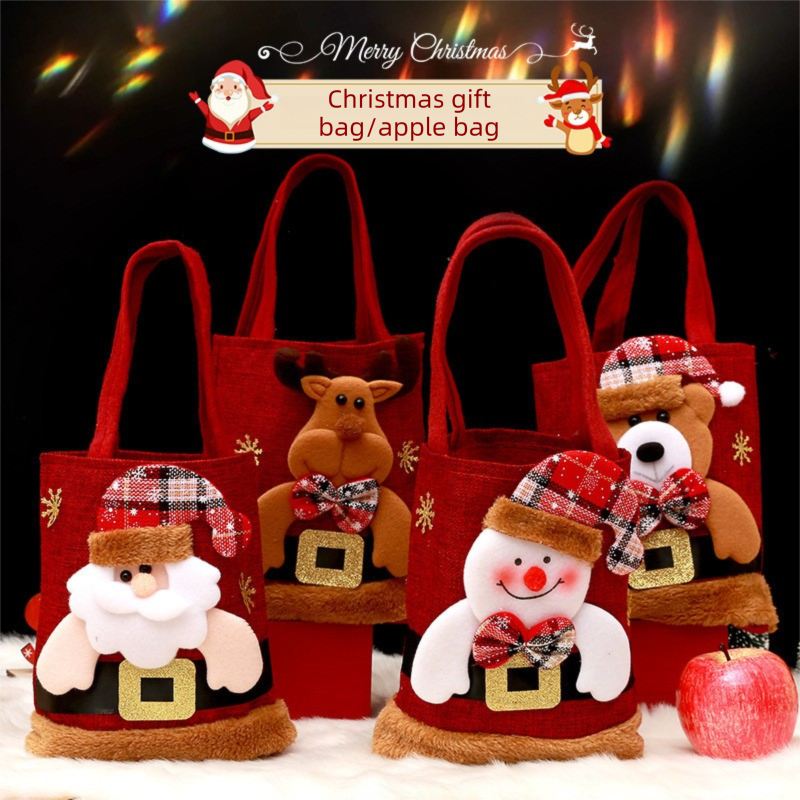 Red Christmas Felt Gift Tote Bag with Cute 3D Doll - Christmas bear style Holiday Party Favor Bag for Xmas Treats & Decor