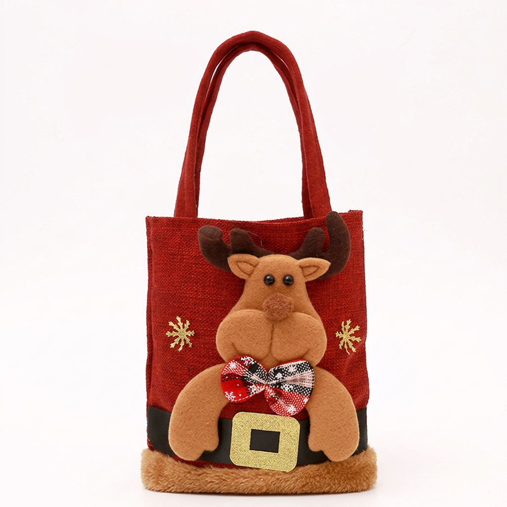Red Christmas Felt Gift Tote Bag with Cute 3D Doll - Deer style Holiday Party Favor Bag for Xmas Treats & Decor