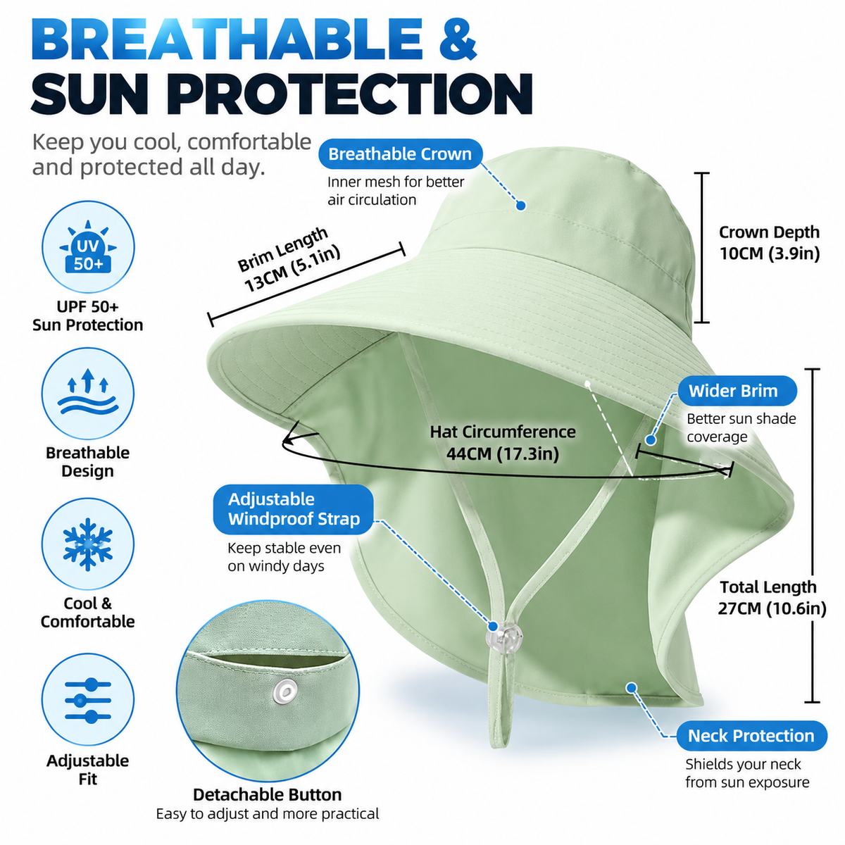Beige Women's Wide Brim Sun Hat with Neck Flap - Foldable Outdoor Shade Hat with Adjustable Chin Cord, Extended Neck Cover for Beach, Cycling and Travel