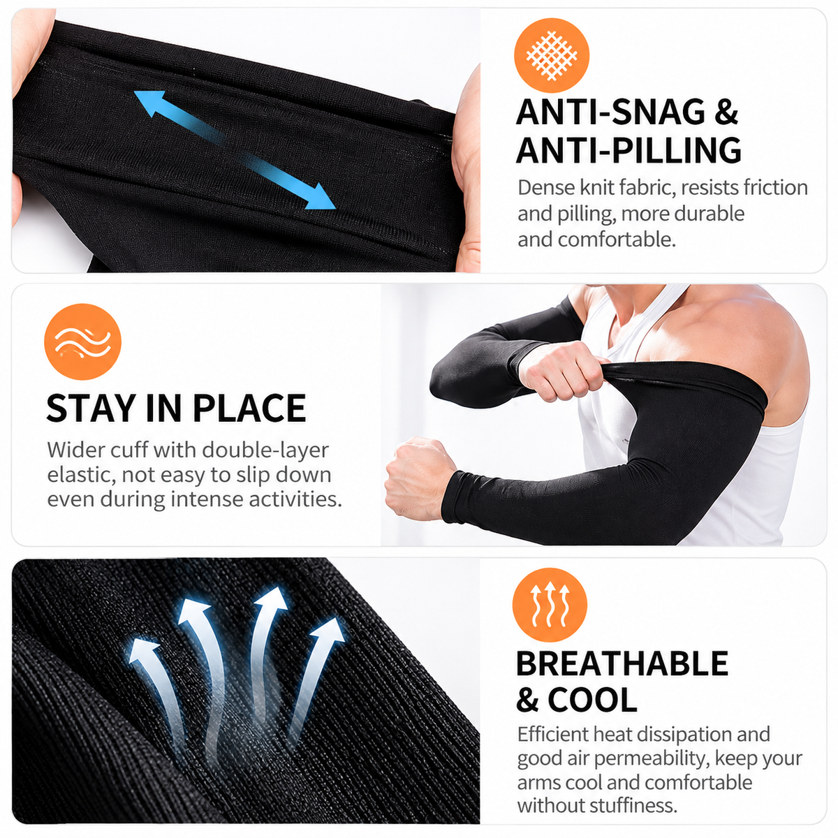 2 Pair Cooling Arm Sleeves with Thumb Hole - Black 38-40cm Breathable Stretch Sun Sleeves for Cycling, Running, Hiking, Fishing, Driving and Outdoor Activities