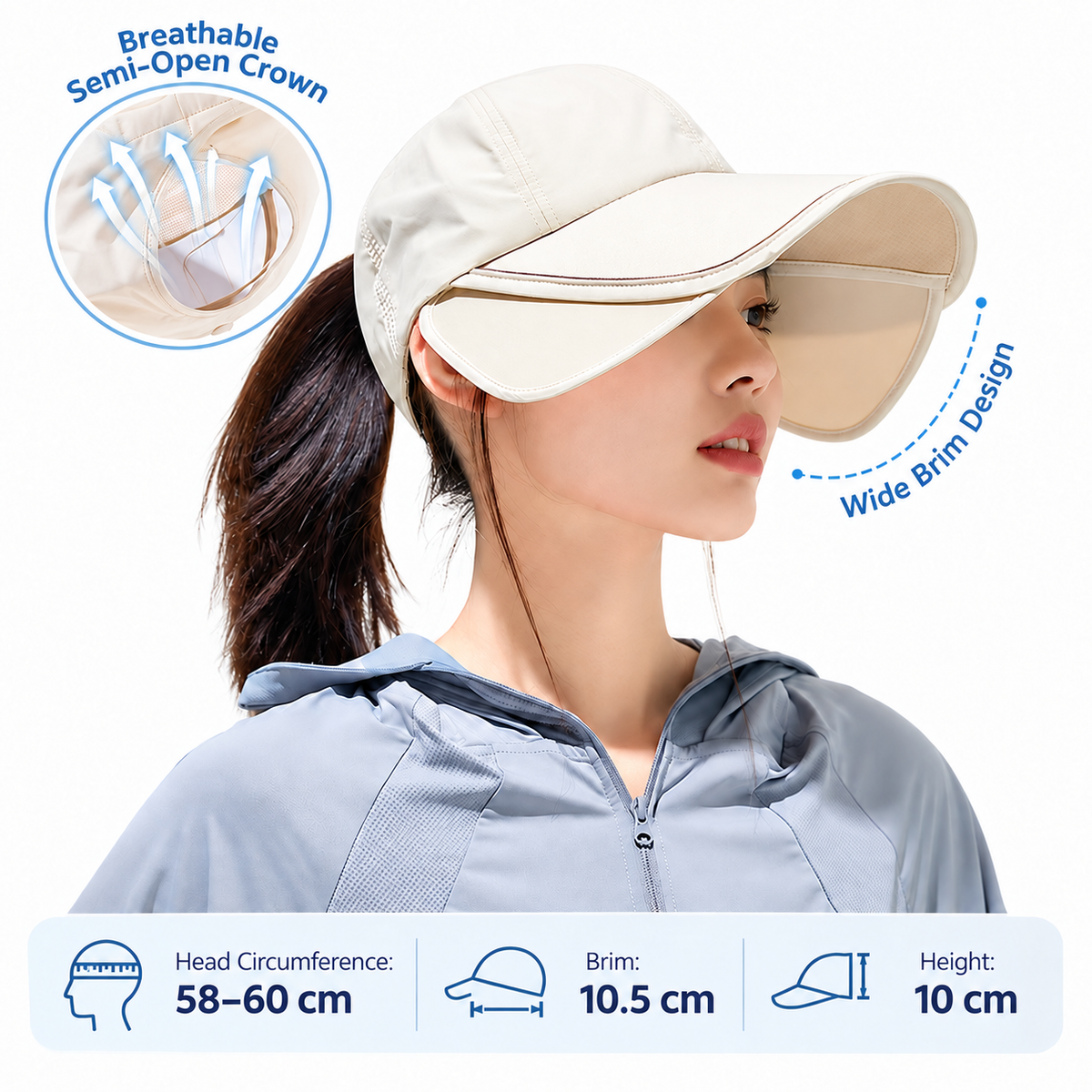 Women's Wide Brim Sun Cap - Purple 58-60cm Adjustable Outdoor Sports Hat with 10.5cm Brim, Side Face Panels and Breathable Semi Open Crown for Golf, Walking and Travel