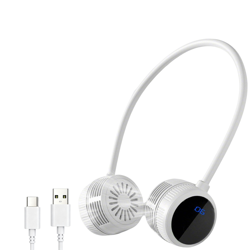 White Portable Neck Fan with LCD Display - 6 Speed Dual Head Wearable Fan with Flexible 360 Degree Airflow, USB-C Charging Battery for Travel and Outdoor Use