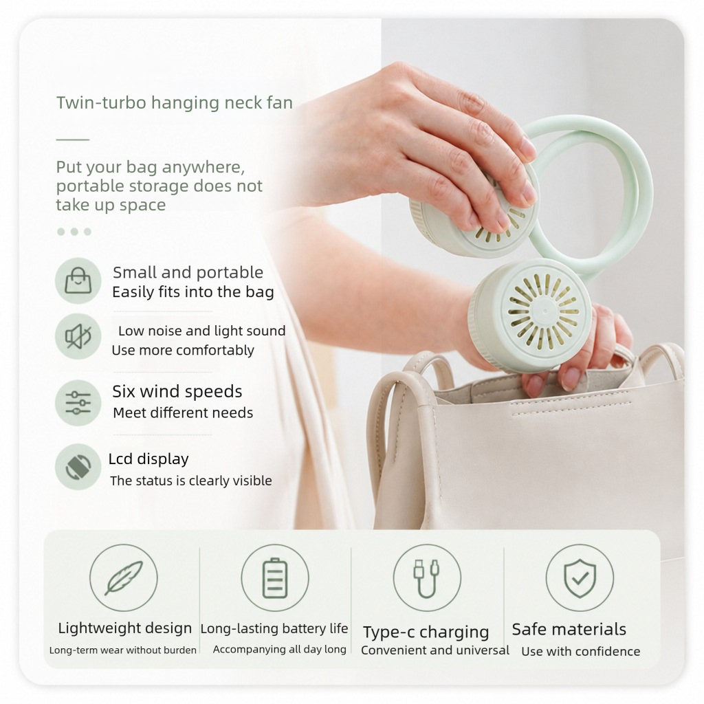 White Portable Neck Fan with LCD Display - 6 Speed Dual Head Wearable Fan with Flexible 360 Degree Airflow, USB-C Charging Battery for Travel and Outdoor Use
