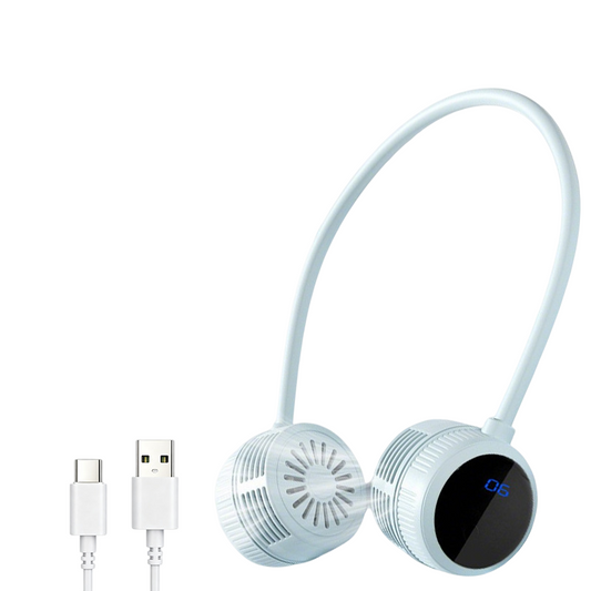 Blue Portable Neck Fan with LCD Display - 6 Speed Dual Head Wearable Fan with Flexible 360 Degree Airflow, USB-C Charging Battery for Travel and Outdoor Use