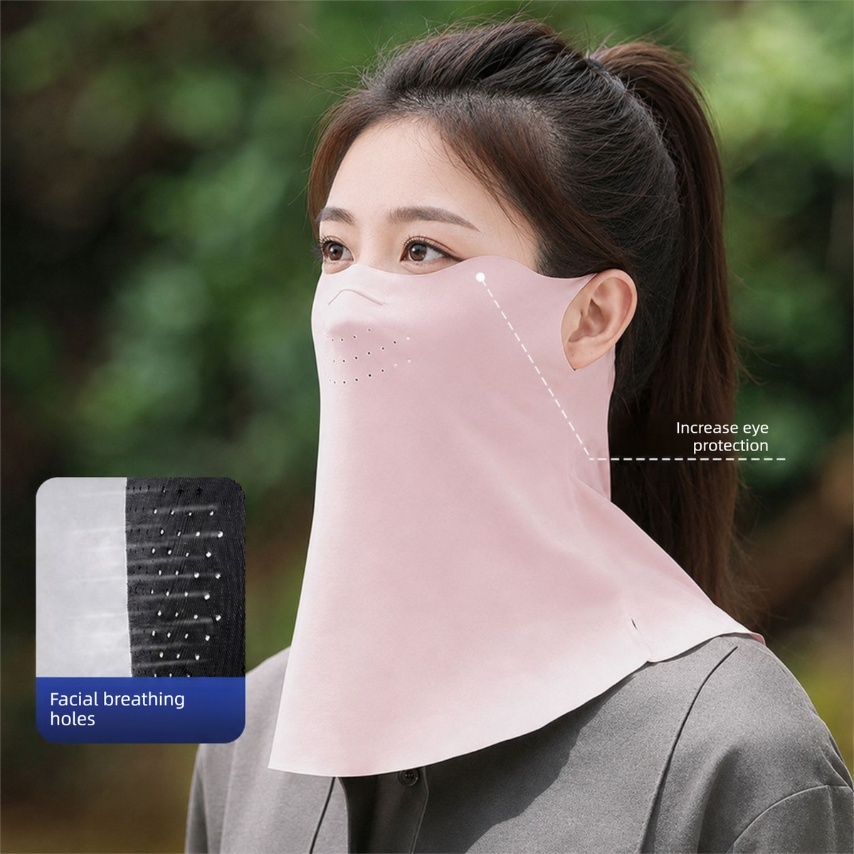 Light Gray Breathable Sun Face Cover with Neck Drape - Lightweight Outdoor Face Mask with Ear Loops, Nose Bridge Strip and Vent Holes for Cycling, Fishing and Hiking