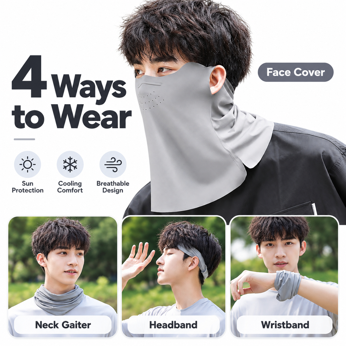 Light Gray Breathable Sun Face Cover with Neck Drape - Lightweight Outdoor Face Mask with Ear Loops, Nose Bridge Strip and Vent Holes for Cycling, Fishing and Hiking