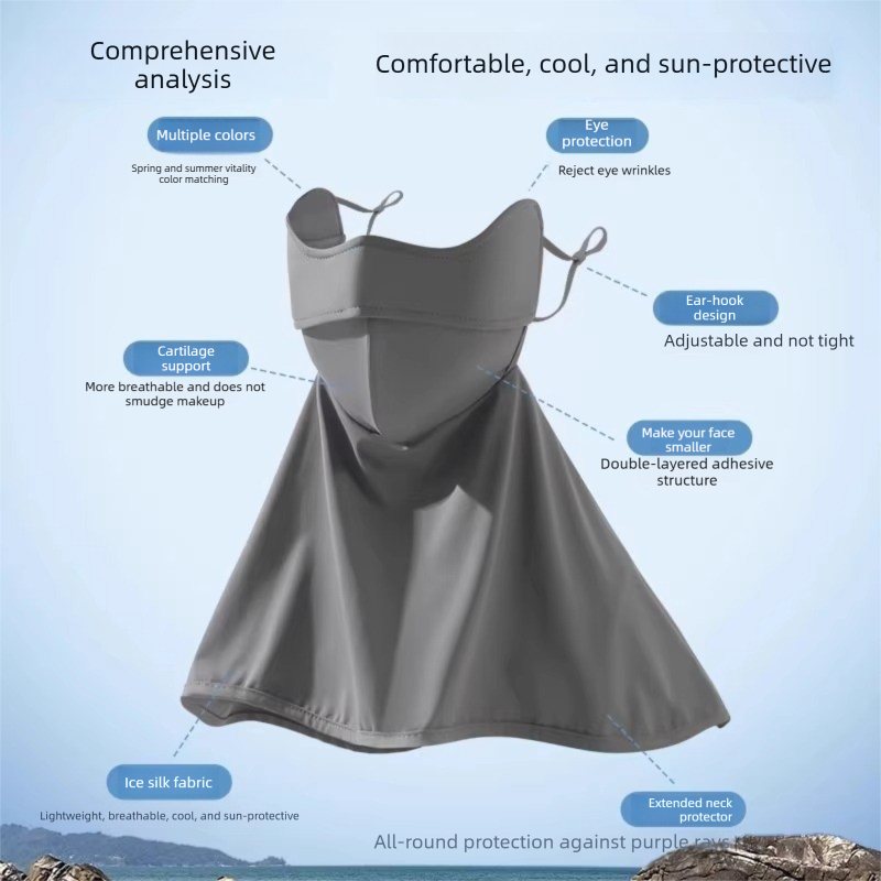 Black Women’s Extended Sun Face Cover with Neck Drape - Breathable Outdoor Mask with Adjustable Ear Loops, Nose Vent and Structured Face Support for Cycling, Driving and Fishing